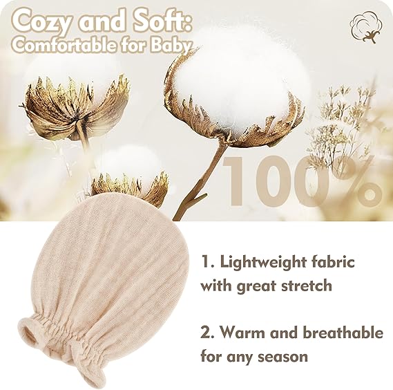 Muslin Baby Mittens for Newborn, 100% Cotton No Scratch Soft Breathable Gloves for Boys and Girls 0-6 months
